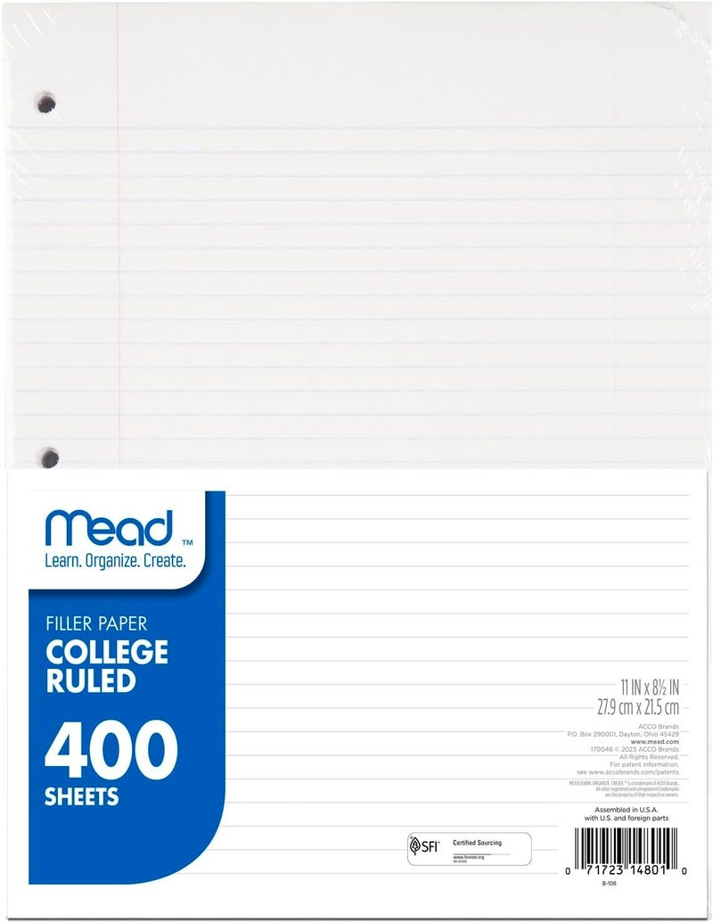 Mead Loose Leaf Paper, College Ruled Filler Notebook Paper, 8-1/2" x 11", 400 Sheets, Fits 3-Ring Binder (170046-ECM) - Image 1